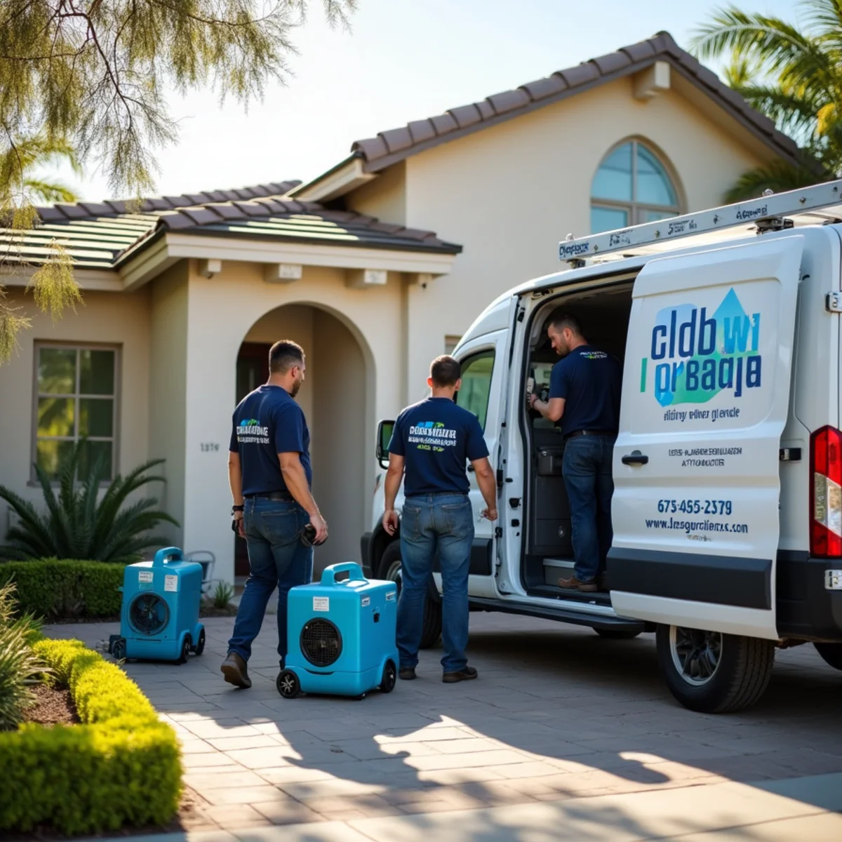 Water damage restoration technician setting up drying equipment in a Ladera Ranch, CA home