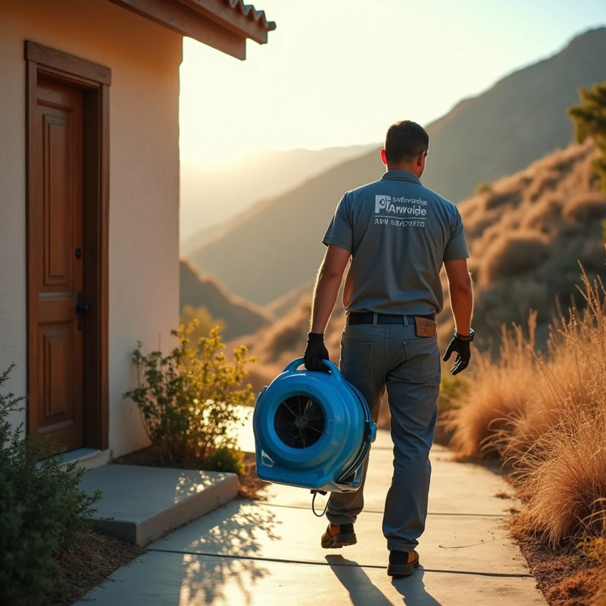 Flood cleanup crew at a rural cabin in Modjeska Canyon, CA