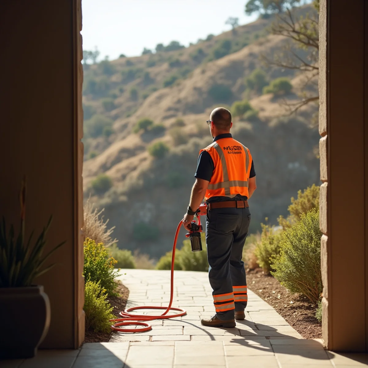 Water damage restoration crew working at a large hillside home in North Tustin, CA