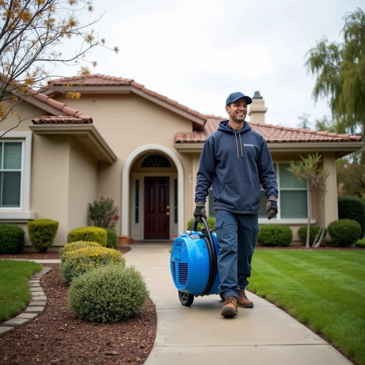 Water damage restoration crew at a large estate home on a semi-rural Villa Park, CA lot