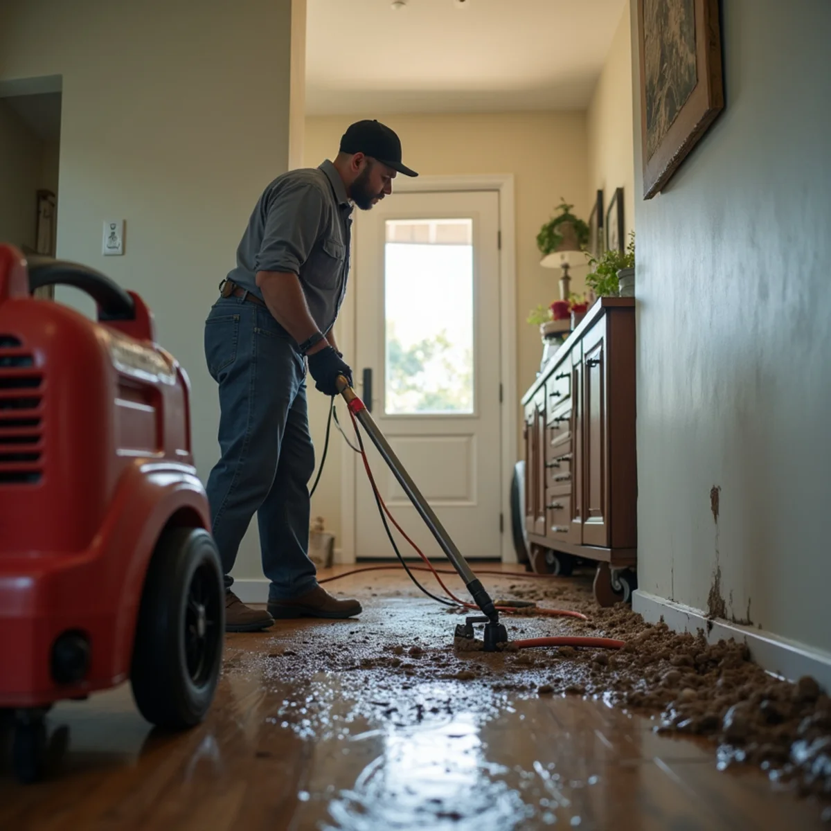 Certified technician in PPE cleaning up a sewage backup in a Lake Forest home