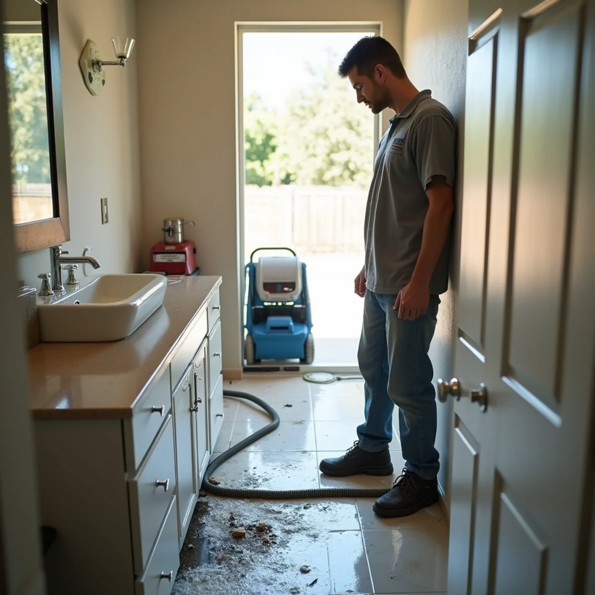Water damage under a bathroom vanity from a sink overflow