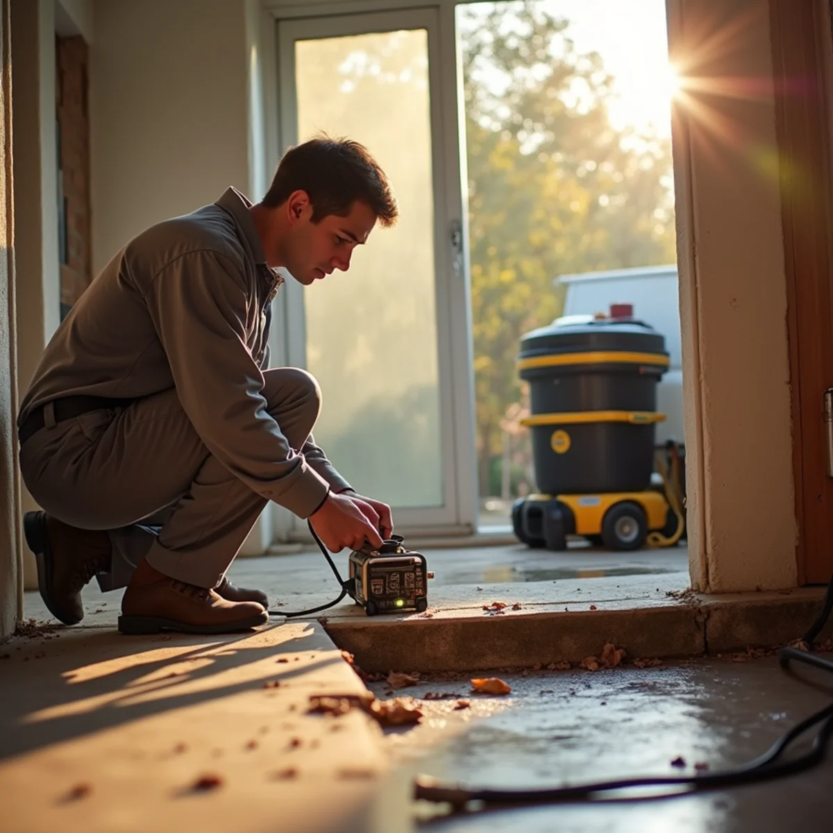Technician using leak detection equipment on a slab foundation in a Lake Forest home