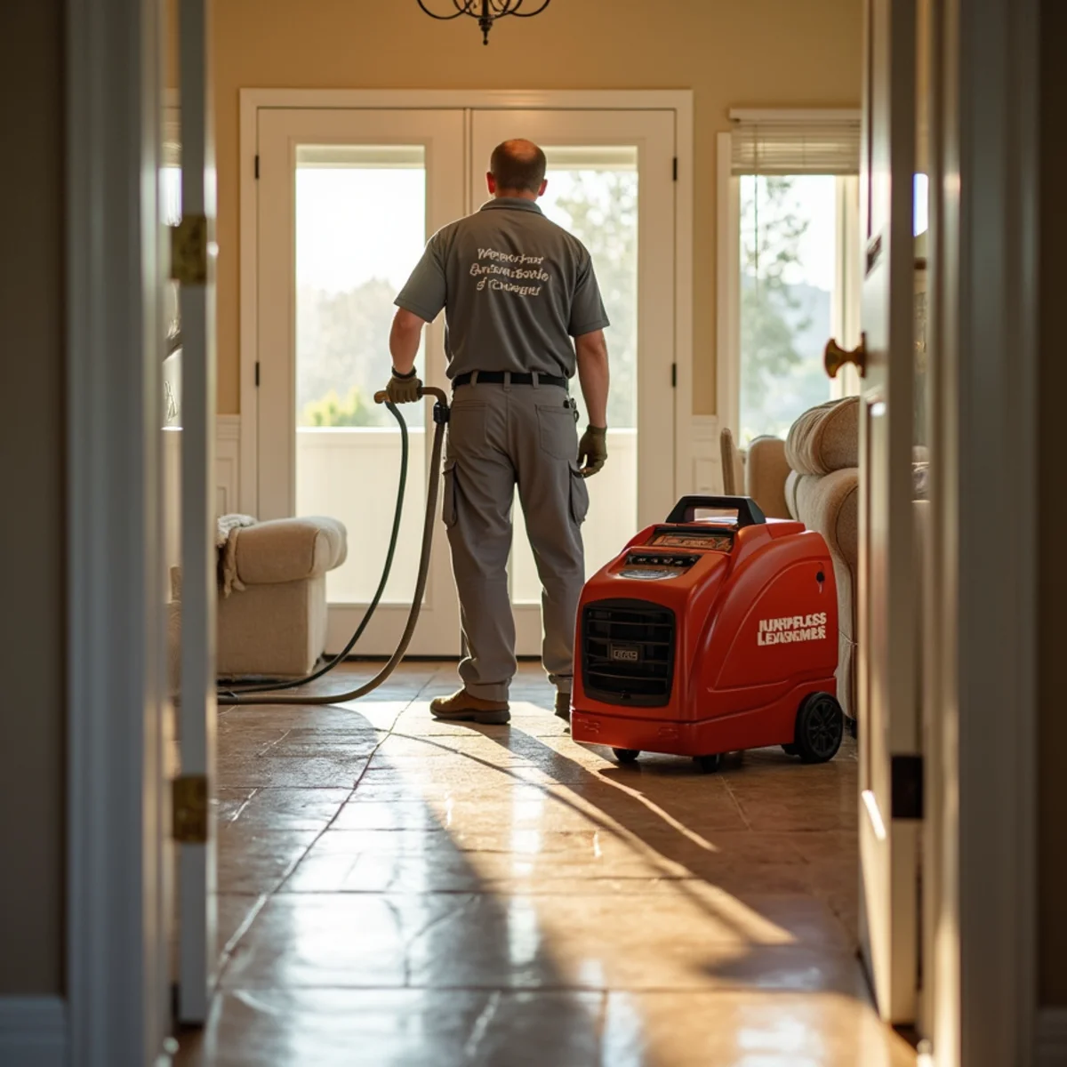 Drying equipment set up on tile flooring after slab leak repair in Lake Forest