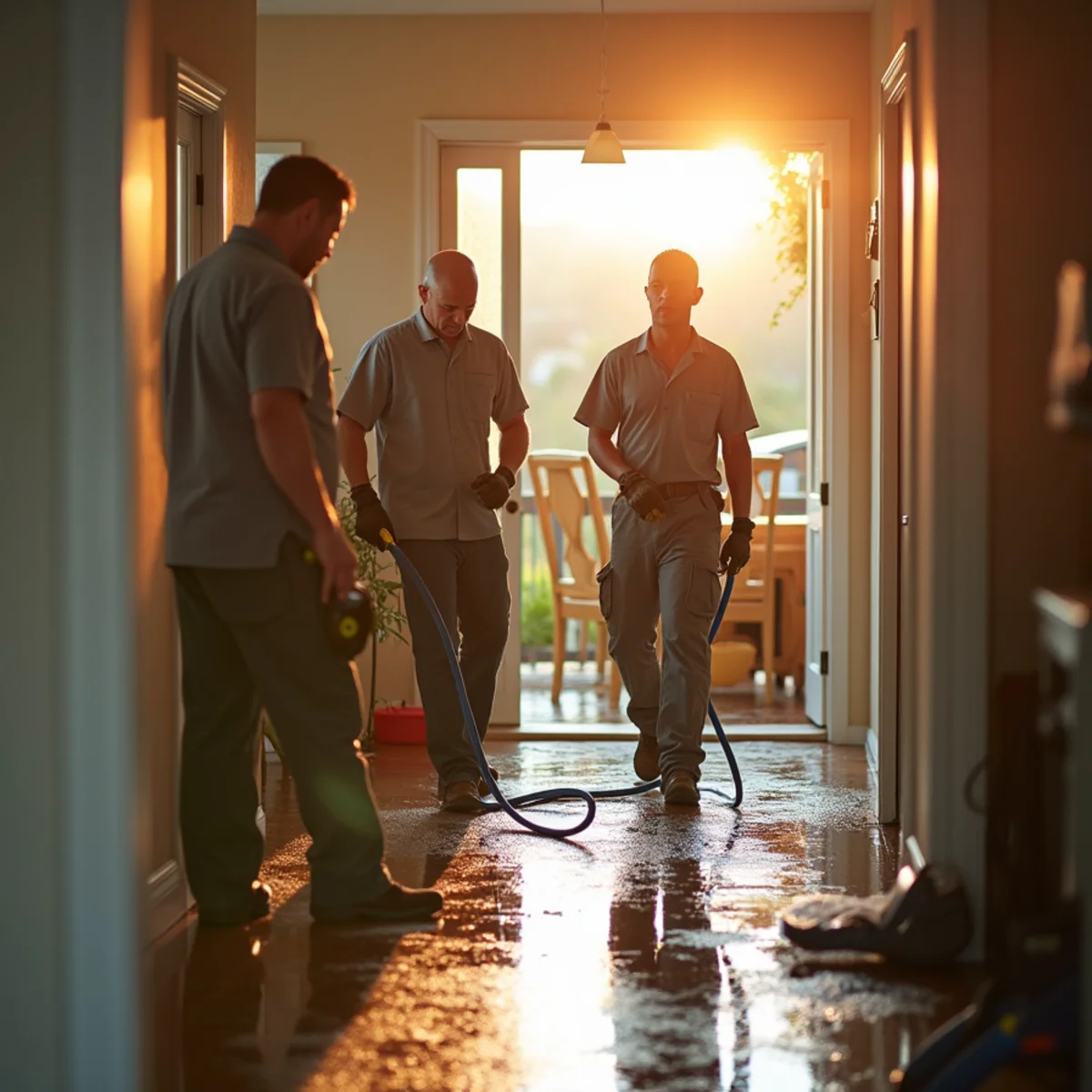 Storm damage restoration crew responding to a flooded Lake Forest home after heavy rain