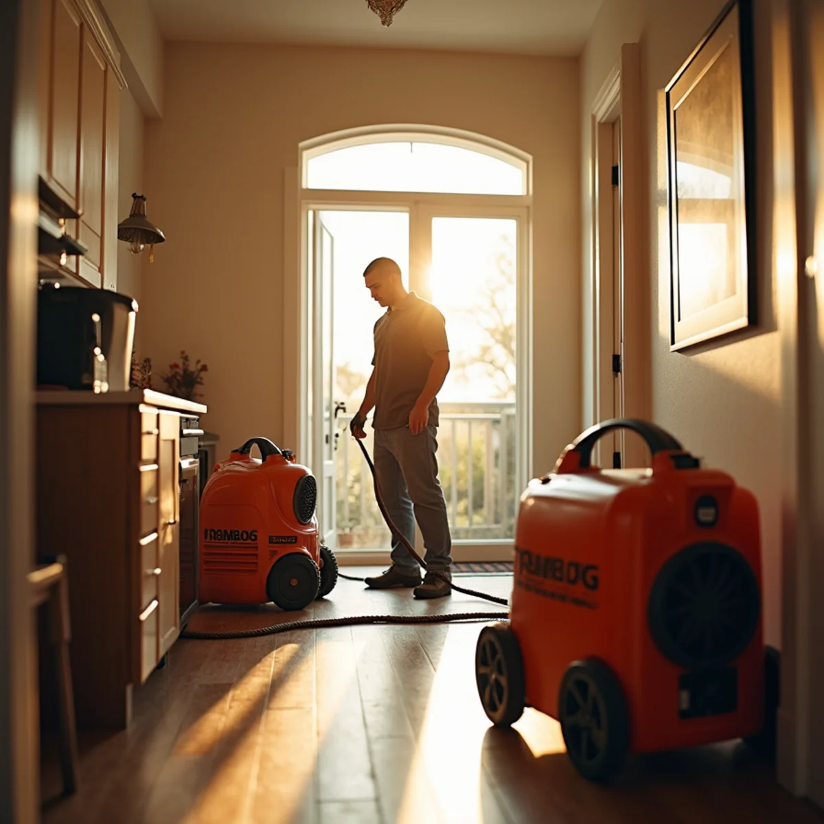 Air movers and a dehumidifier set up for structural drying in a Lake Forest home