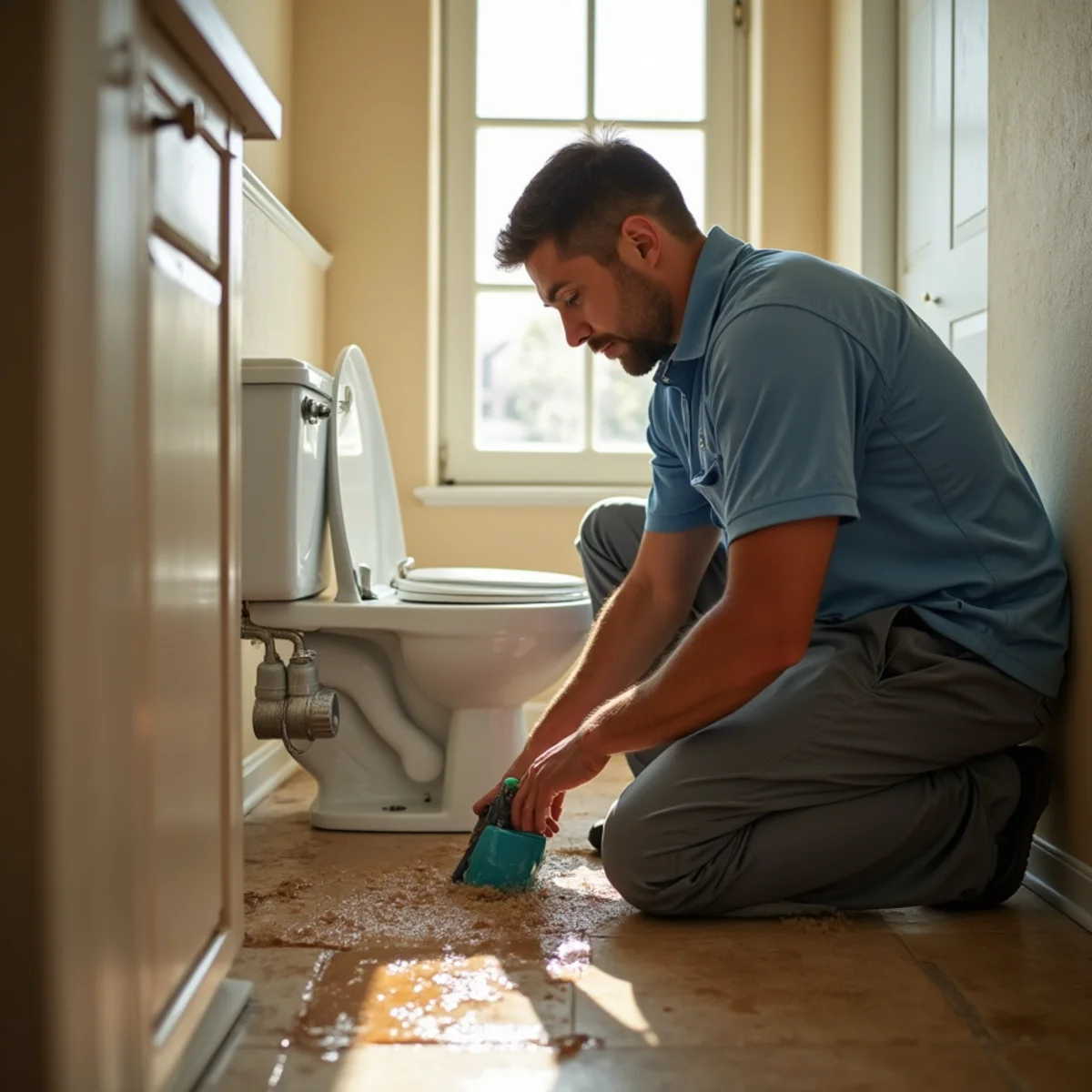 Technician cleaning up a toilet overflow in a Lake Forest bathroom