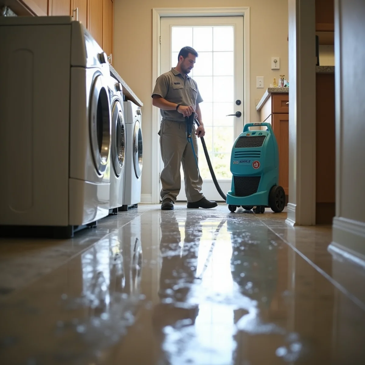 Water damage on a laundry room floor from a washing machine overflow