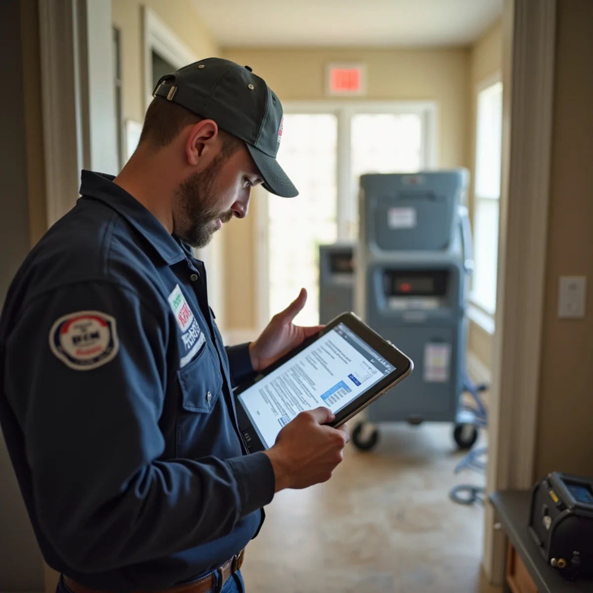 Technician preparing a written water damage estimate on a tablet at a Lake Forest home