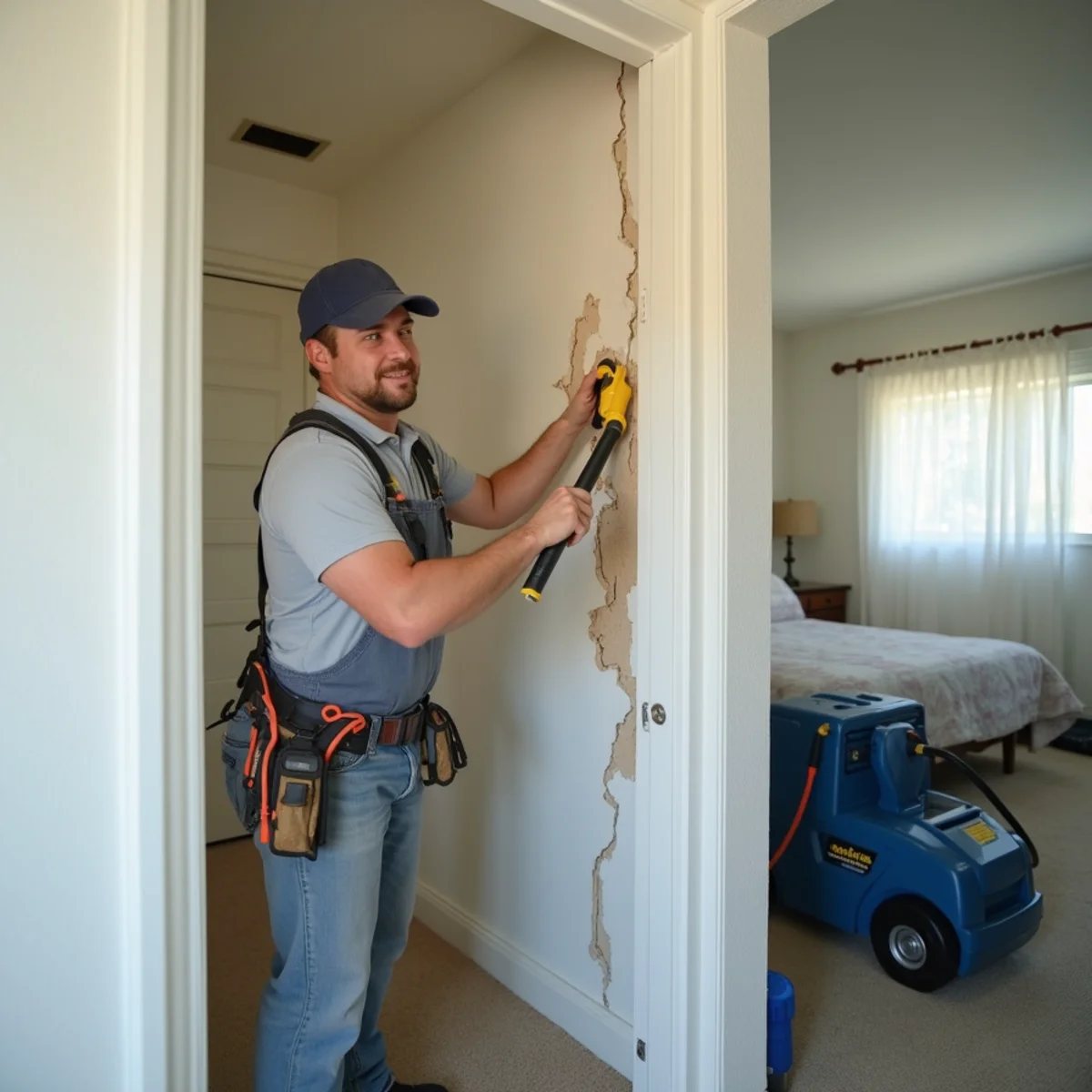 Contractor repairing water-damaged drywall in a Lake Forest, CA home