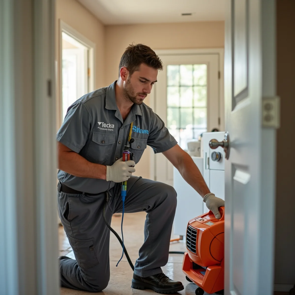 IICRC-certified technician performing water damage restoration in a Lake Forest, CA home