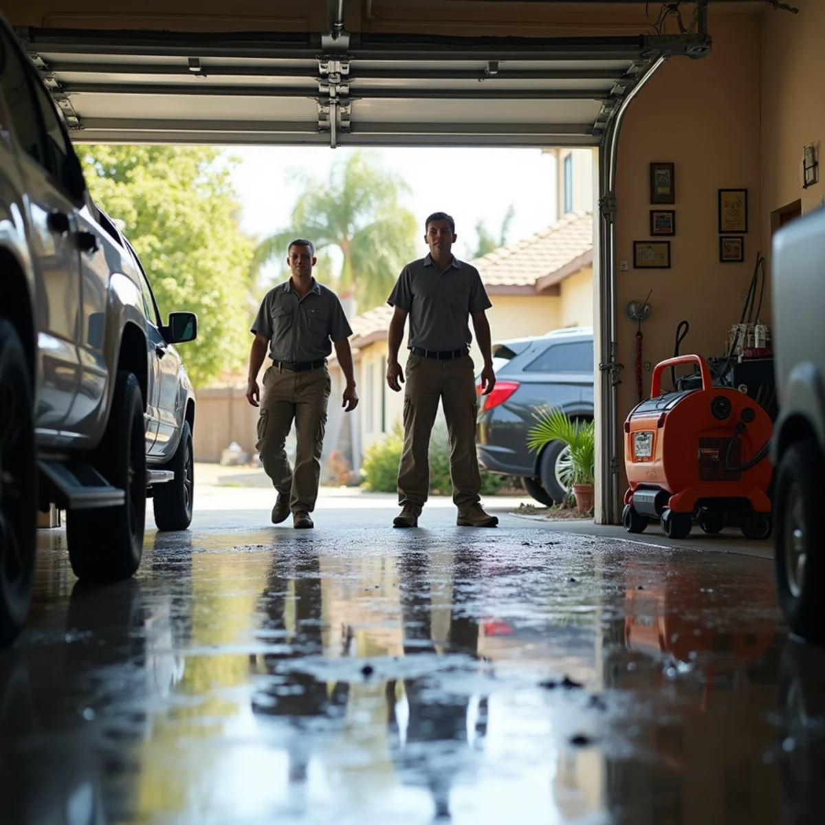 Flooded garage floor from a leaking water heater tank in Lake Forest